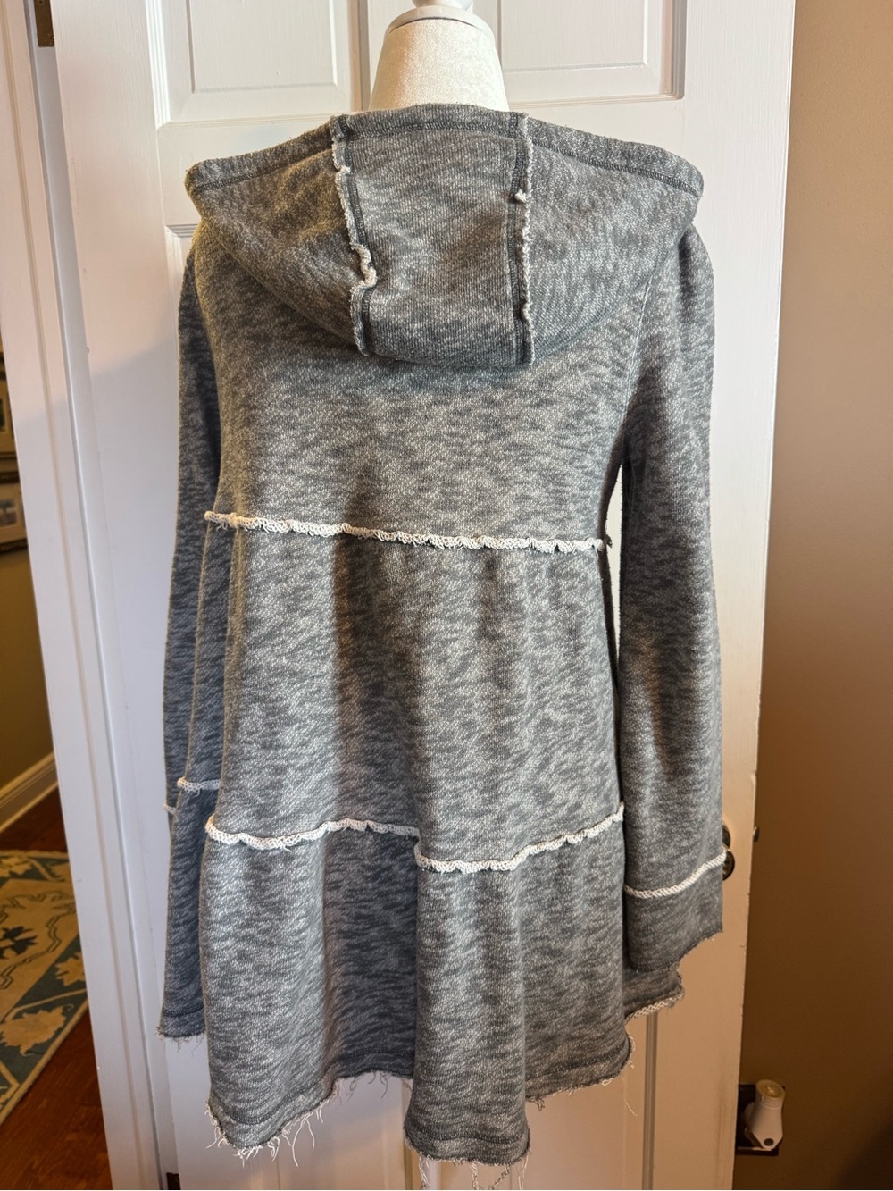 Free People Gray Hooded Zip-Front Ruffle-Tier Sweater Medium cotton Boho - Picture 4 of 8